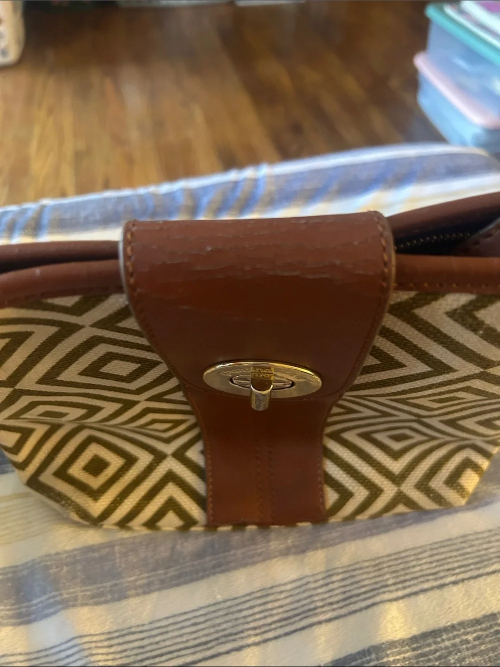 Spartina 449 Olive & Cream Geometric Canvas Crossbody with Brown Leather Trim
